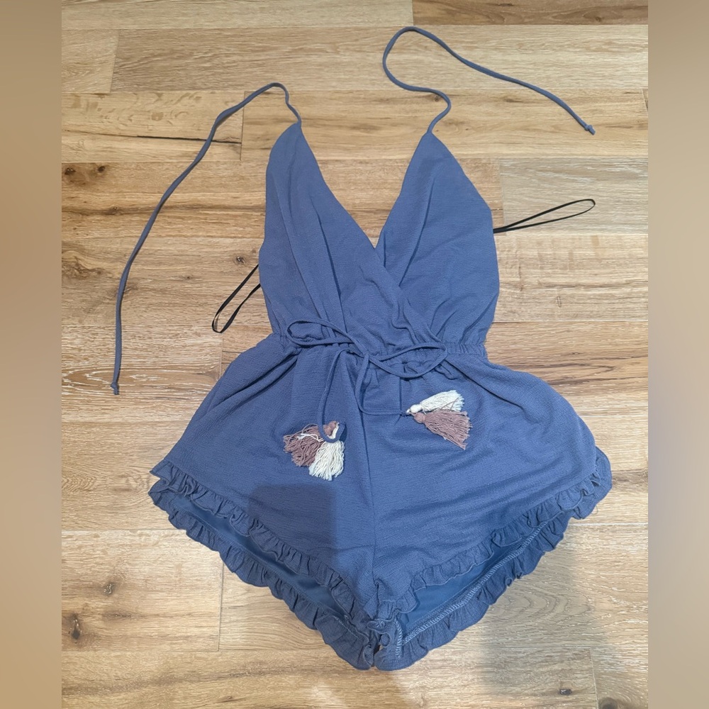 Impressions Halter Romper with Deep V and Ruffled Hem